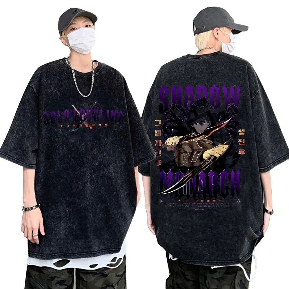 Washed Vintage Anime Solo Leveling Sung Jin Woo Double Sided Print T-shirt Men Manga Fashion Casual T Shirt Men's Oversized Tees