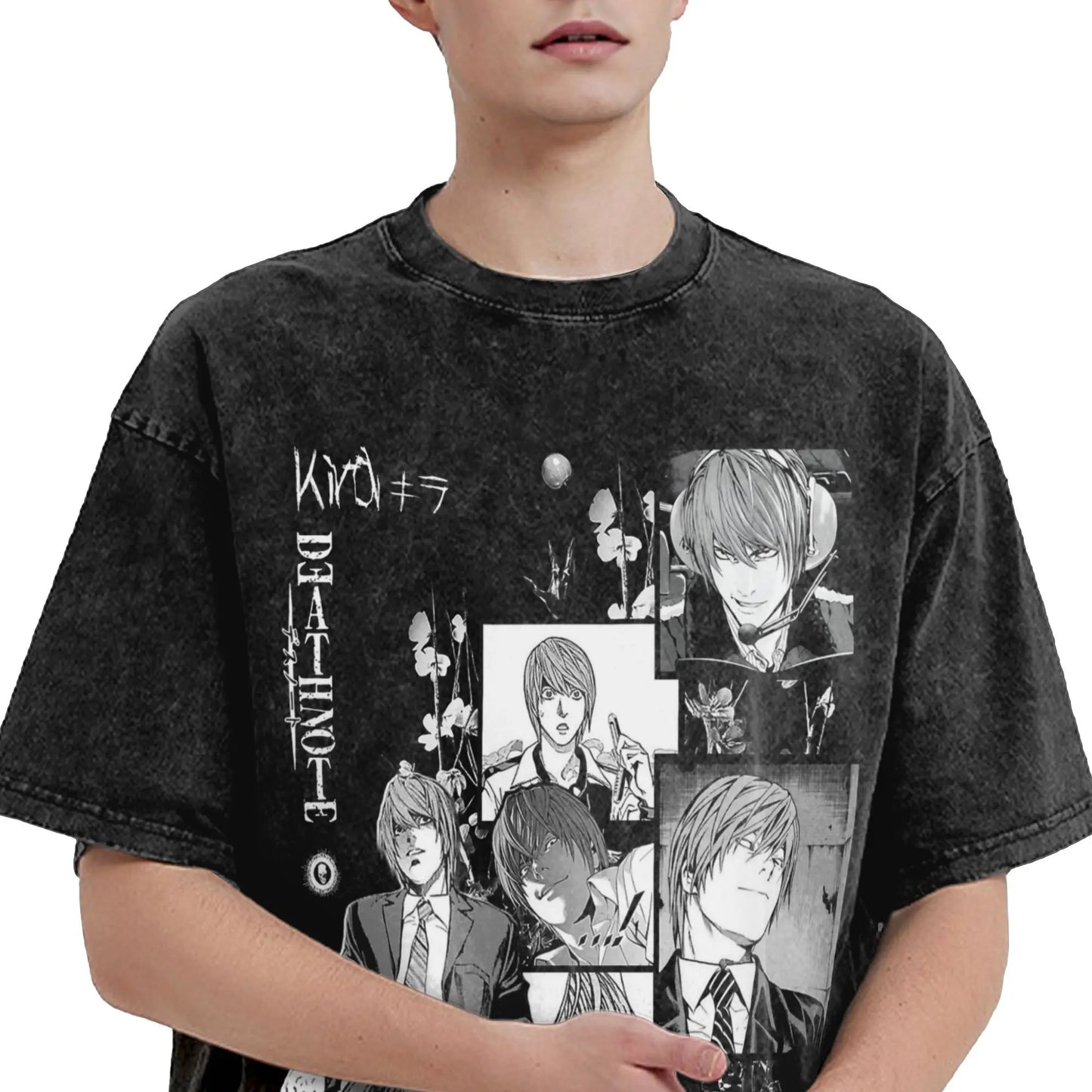 Kira Light Yagami Death Note Men's T Shirt Washed Vintage Tee Shirt Short Sleeve Round Collar T-Shirts Pure Cotton Tops