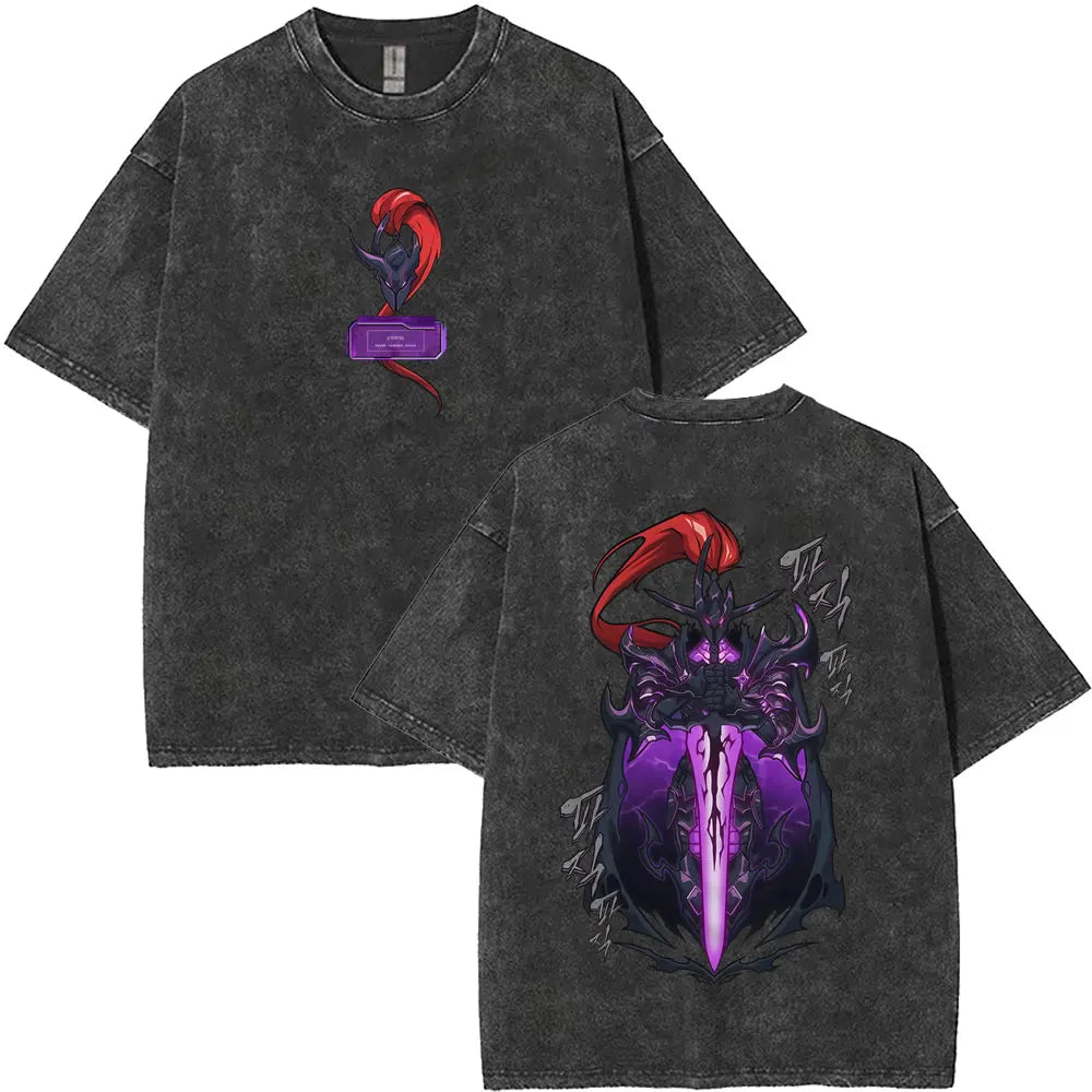 Washed Vintage Anime Solo Leveling Sung Jin Woo Double Sided Print T-shirt Men Manga Fashion Casual T Shirt Men's Oversized Tees