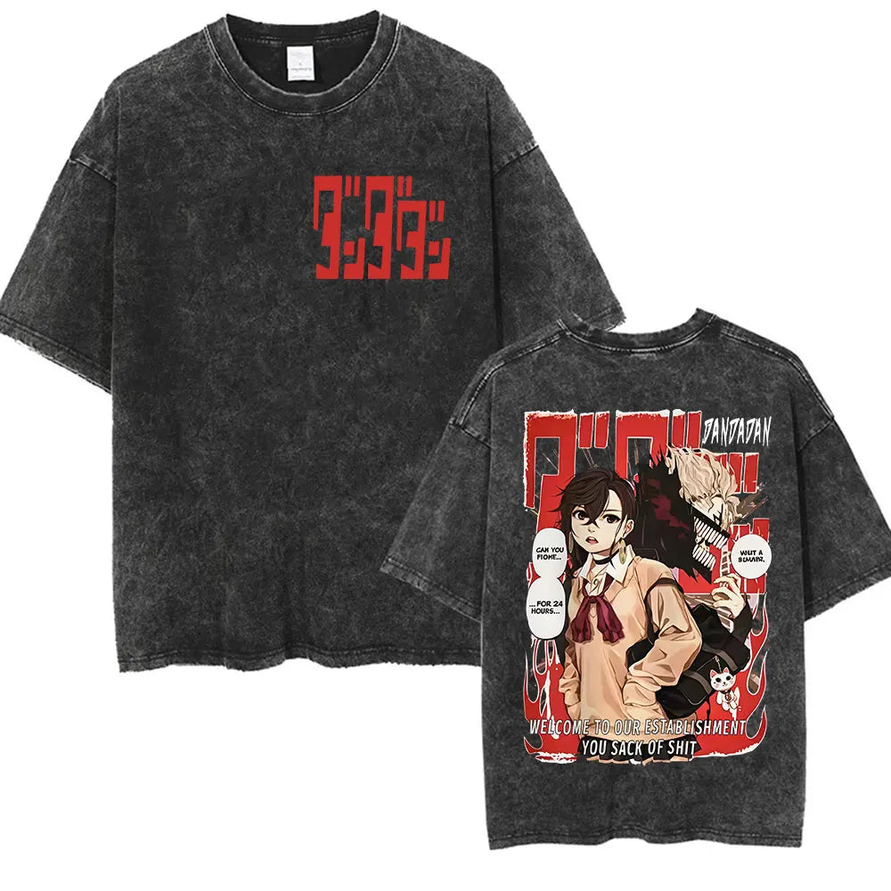 Japan Anime Dandadan Okarun Dan Da Dan Graphic T Shirt Men Women O-Neck Cute Style T-shirt Vintage Washed Cotton Tees Streetwear