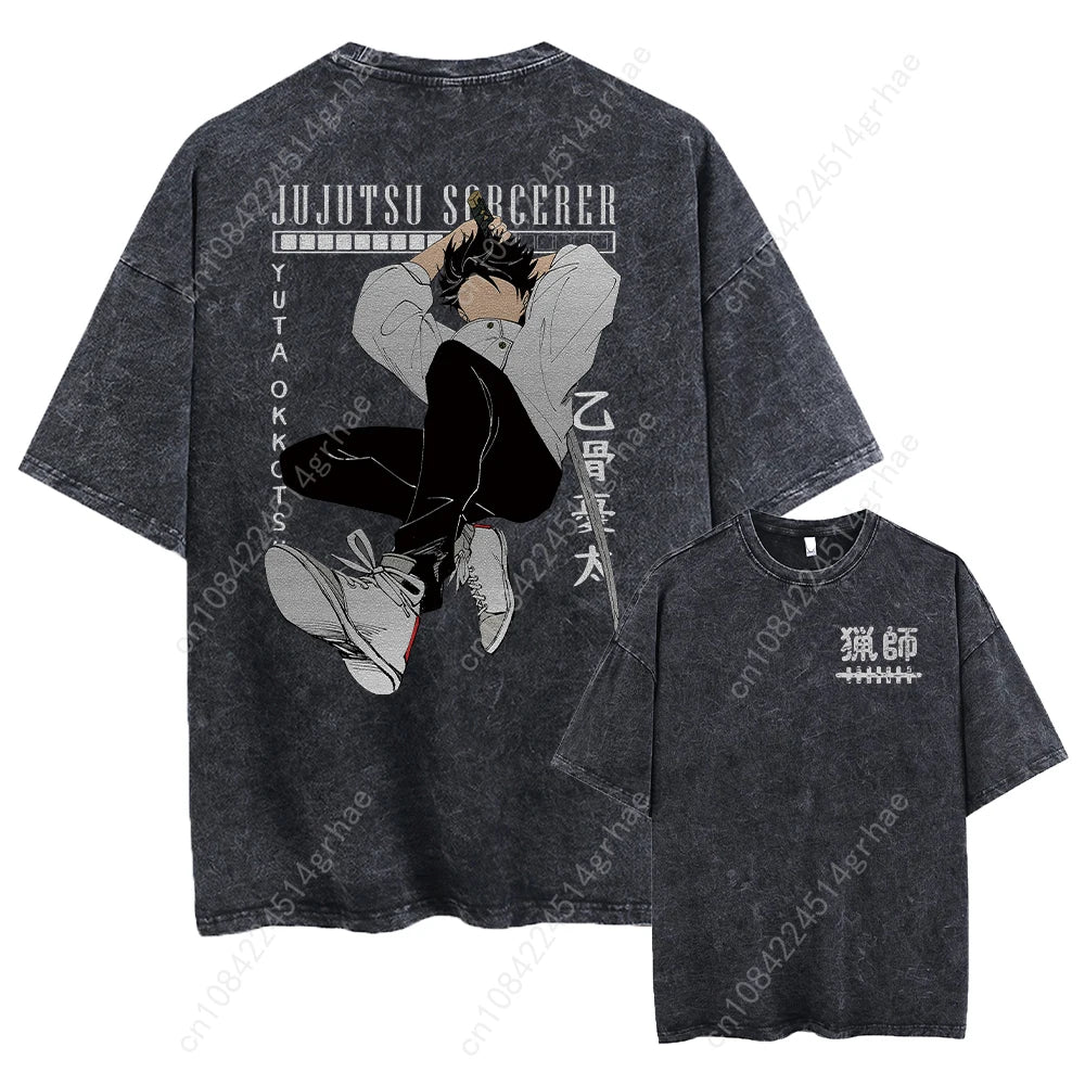 Harajuku Japanese Anime Streetwear Graphic T-Shirt Summer Short Sleeve Cotton Tshirt Jujutsu Kaisen Print Vintage Washed Tshirt