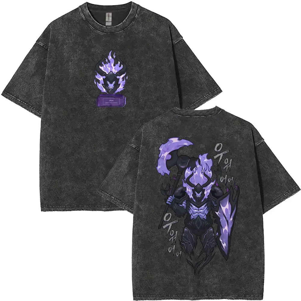 Washed Vintage Anime Solo Leveling Sung Jin Woo Double Sided Print T-shirt Men Manga Fashion Casual T Shirt Men's Oversized Tees