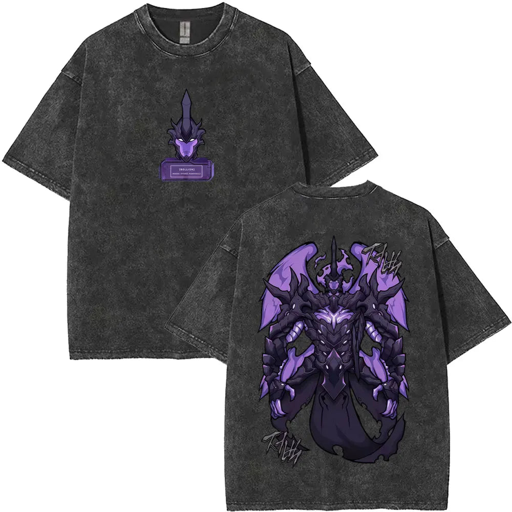 Washed Vintage Anime Solo Leveling Sung Jin Woo Double Sided Print T-shirt Men Manga Fashion Casual T Shirt Men's Oversized Tees
