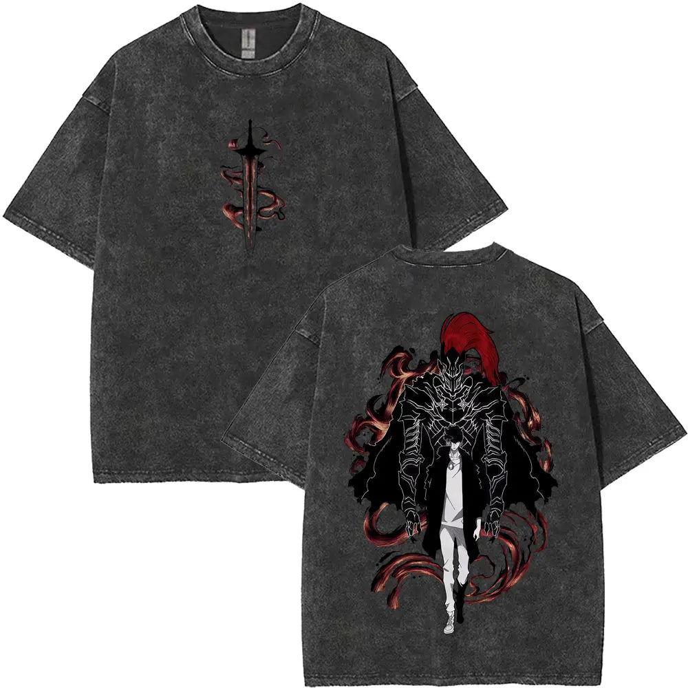 Washed Vintage Anime Solo Leveling Sung Jin Woo Double Sided Print T-shirt Men Manga Fashion Casual T Shirt Men's Oversized Tees