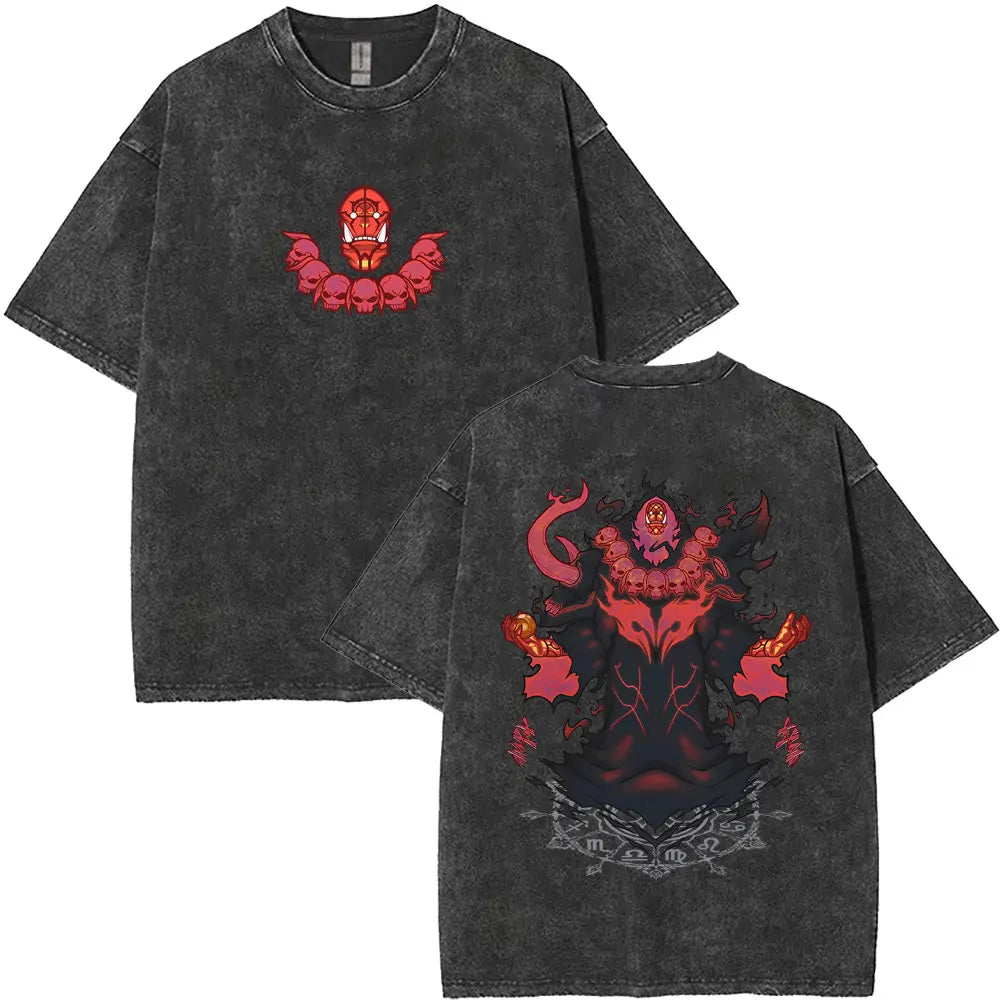 Washed Vintage Anime Solo Leveling Sung Jin Woo Double Sided Print T-shirt Men Manga Fashion Casual T Shirt Men's Oversized Tees