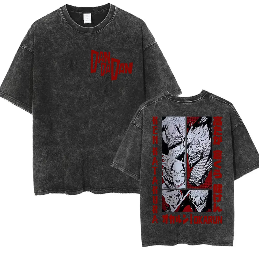 Japan Anime Dandadan Okarun Dan Da Dan Graphic T Shirt Men Women O-Neck Cute Style T-shirt Vintage Washed Cotton Tees Streetwear