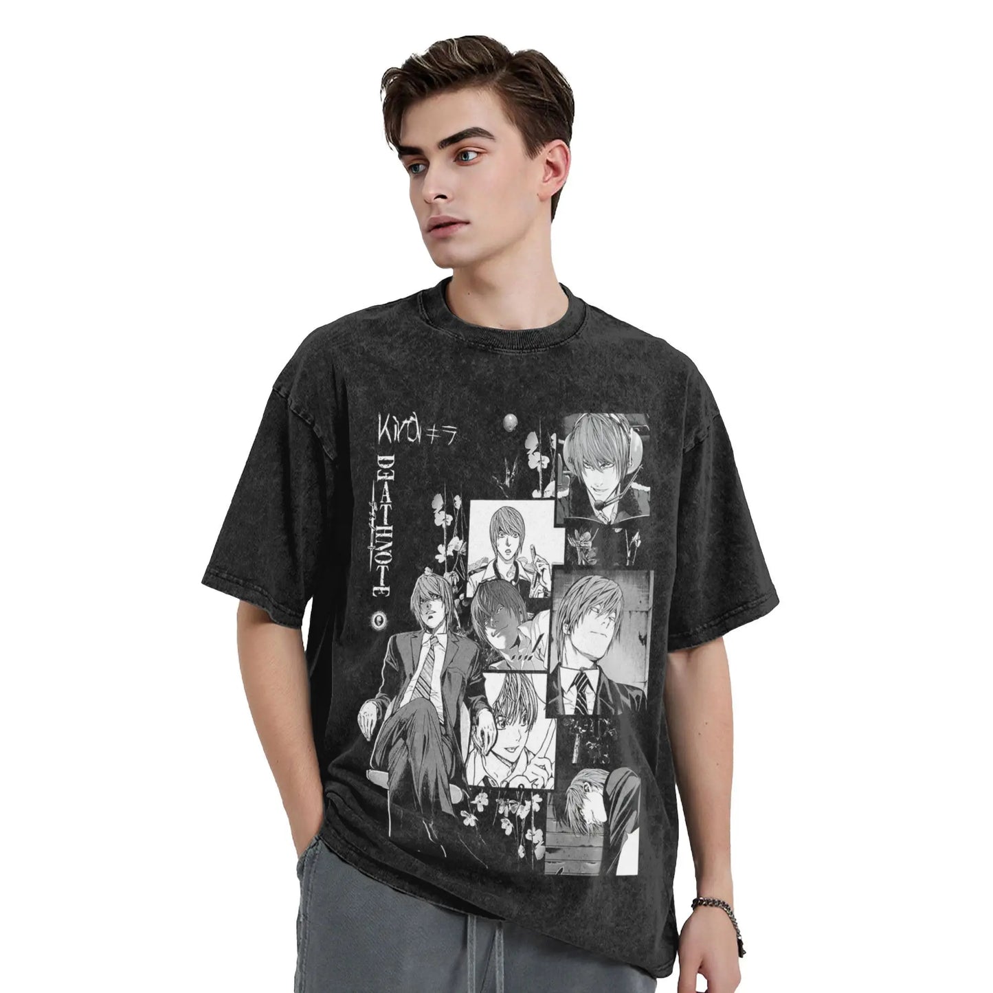 Kira Light Yagami Death Note Men's T Shirt Washed Vintage Tee Shirt Short Sleeve Round Collar T-Shirts Pure Cotton Tops