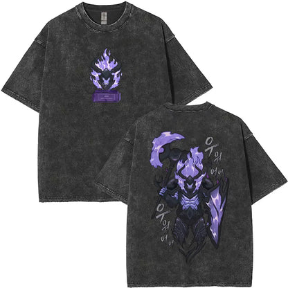 Washed Vintage Anime Solo Leveling Sung Jin Woo Double Sided Print T-shirt Men Manga Fashion Casual T Shirt Men's Oversized Tees