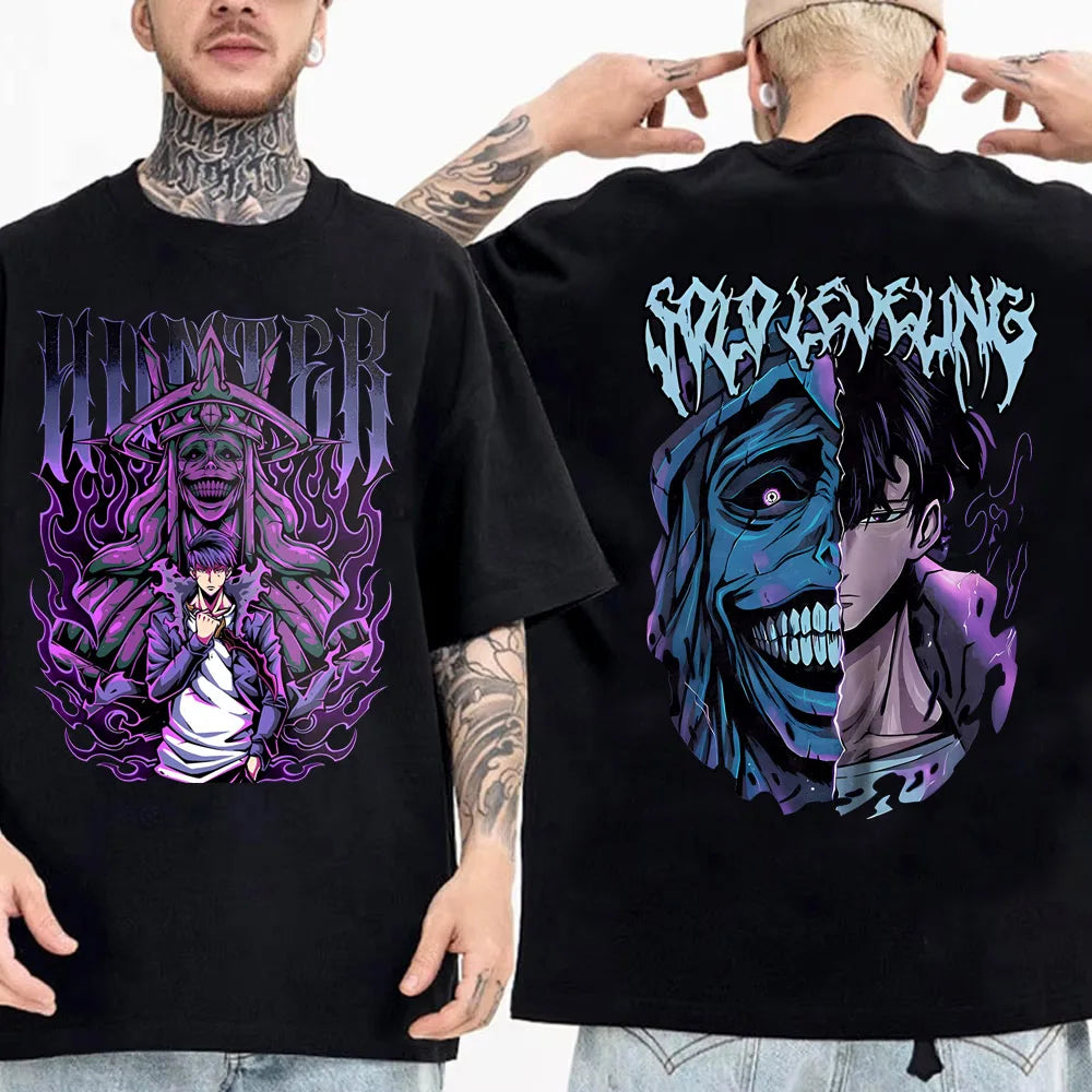 Japanese Anime Solo Leveling T Shirt Men Sung Jinwoo Cartoon Graphic Tees Harajuku Short Sleeve High Quality Cotton T-shirt