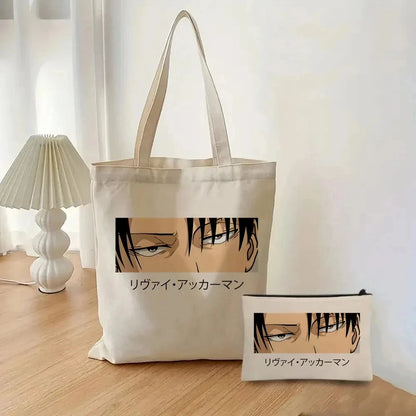 2pcs/set Attack on Titan Fashion Ladies Handbag Cosmetic Bag Canvas Shoulder Bag Eco-friendly Large Capacity Travel Shopping Bag