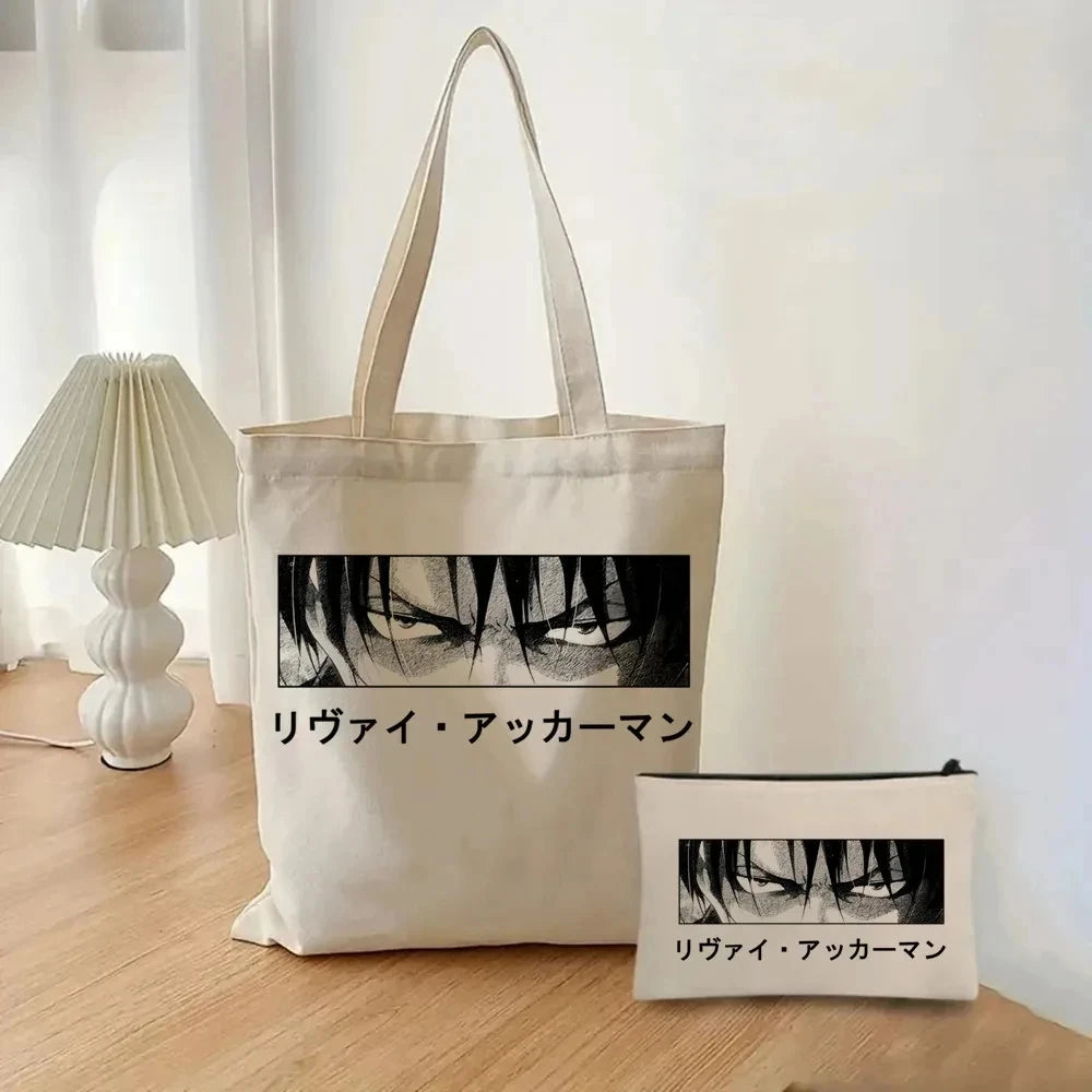 2pcs/set Attack on Titan Fashion Ladies Handbag Cosmetic Bag Canvas Shoulder Bag Eco-friendly Large Capacity Travel Shopping Bag