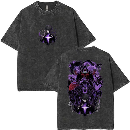 Washed Vintage Anime Solo Leveling Sung Jin Woo Double Sided Print T-shirt Men Manga Fashion Casual T Shirt Men's Oversized Tees