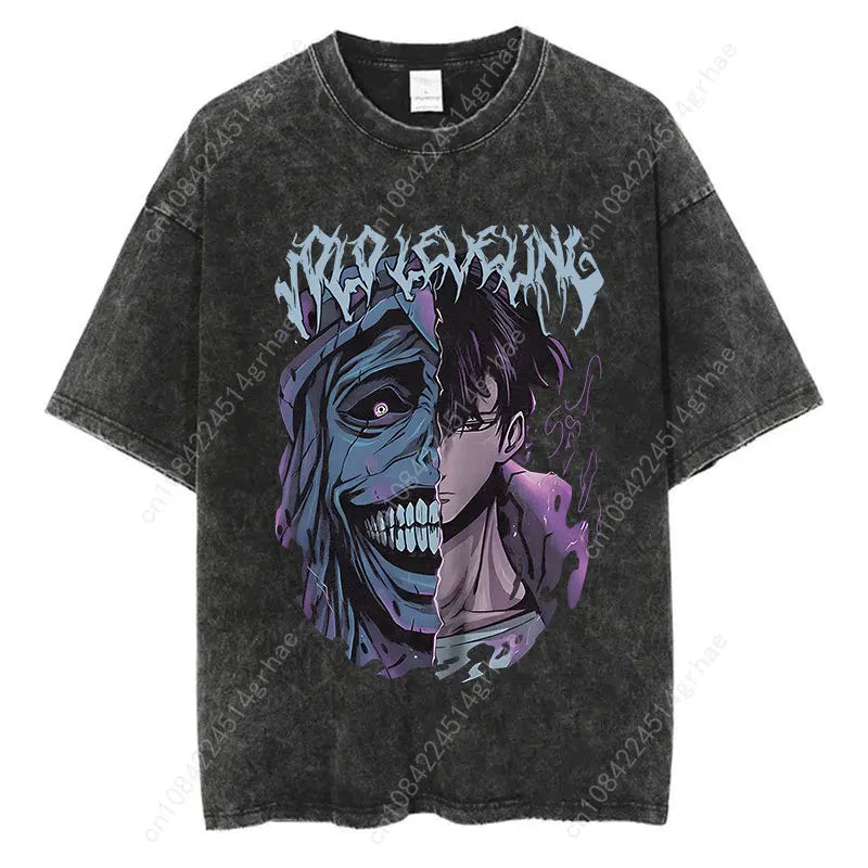 Japanese Anime Solo Leveling Print Vintage Washed Tshirt Harajuku Streetwear Graphic T-Shirt Summer Short Sleeve Cotton Tshirt
