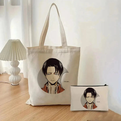 2pcs/set Attack on Titan Fashion Ladies Handbag Cosmetic Bag Canvas Shoulder Bag Eco-friendly Large Capacity Travel Shopping Bag