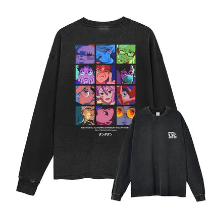 Anime Dan Da Dan Sweater Vintage Washed Dandadan Long Sleeve T Shirts Oversized Ayase Momo Sweatshirts Pullover Men 100% Cotton