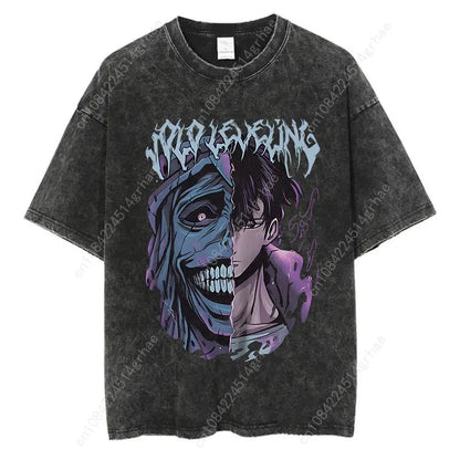 Japanese Anime Solo Leveling Print Vintage Washed Tshirt Harajuku Streetwear Graphic T-Shirt Summer Short Sleeve Cotton Tshirt
