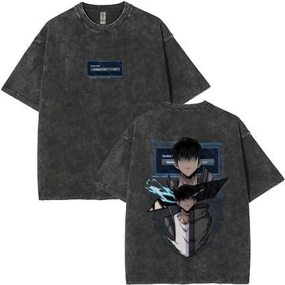 Washed Vintage Anime Solo Leveling Sung Jin Woo Double Sided Print T-shirt Men Manga Fashion Casual T Shirt Men's Oversized Tees