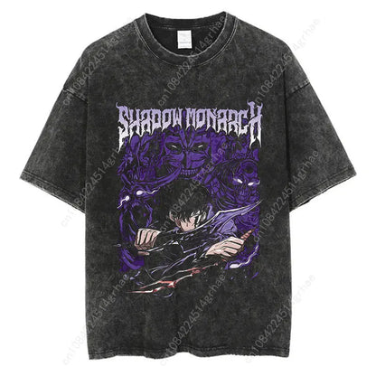 Japanese Anime Solo Leveling Print Vintage Washed Tshirt Harajuku Streetwear Graphic T-Shirt Summer Short Sleeve Cotton Tshirt