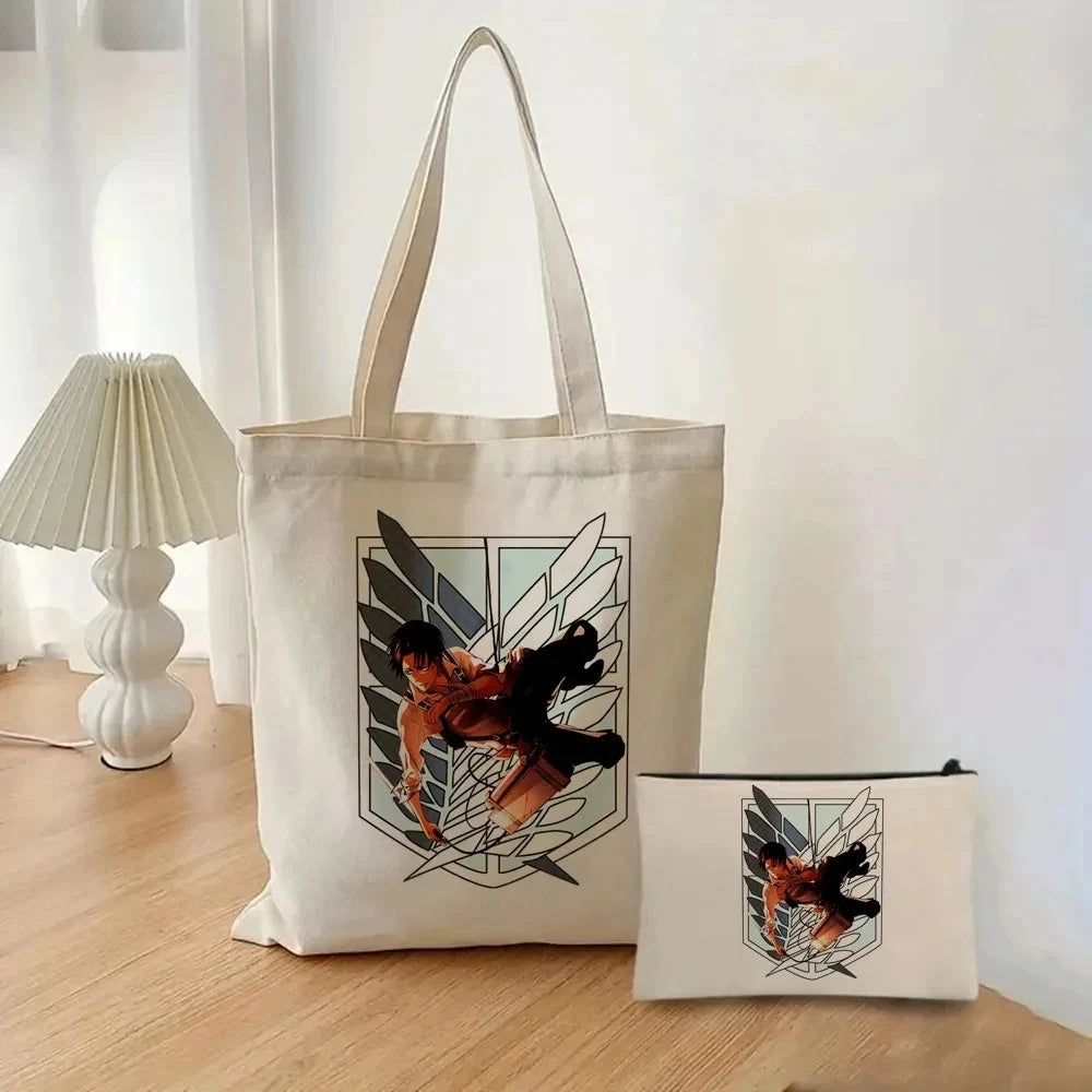 2pcs/set Attack on Titan Fashion Ladies Handbag Cosmetic Bag Canvas Shoulder Bag Eco-friendly Large Capacity Travel Shopping Bag