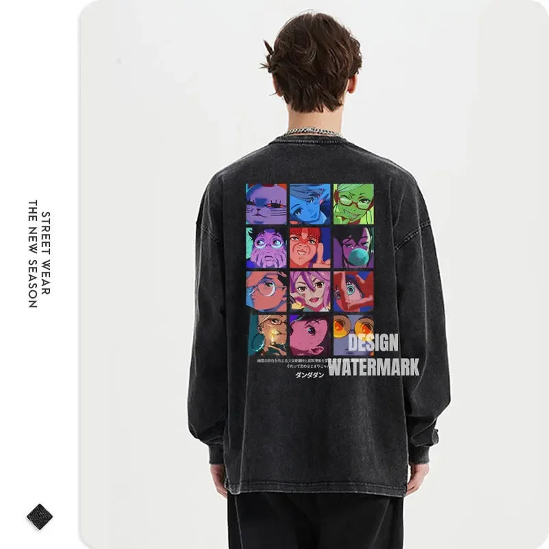 Anime Dan Da Dan Sweater Vintage Washed Dandadan Long Sleeve T Shirts Oversized Ayase Momo Sweatshirts Pullover Men 100% Cotton