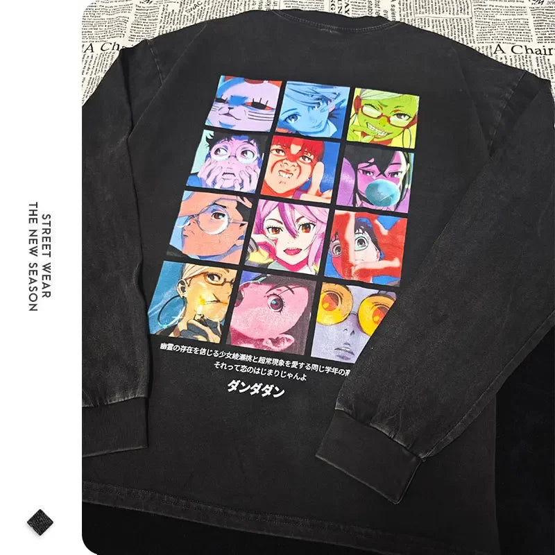Anime Dan Da Dan Sweater Vintage Washed Dandadan Long Sleeve T Shirts Oversized Ayase Momo Sweatshirts Pullover Men 100% Cotton