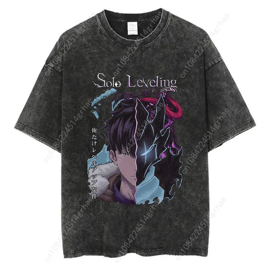 Japanese Anime Solo Leveling Print Vintage Washed Tshirt Harajuku Streetwear Graphic T-Shirt Summer Short Sleeve Cotton Tshirt