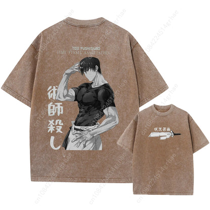 Harajuku Japanese Anime Streetwear Graphic T-Shirt Summer Short Sleeve Cotton Tshirt Jujutsu Kaisen Print Vintage Washed Tshirt