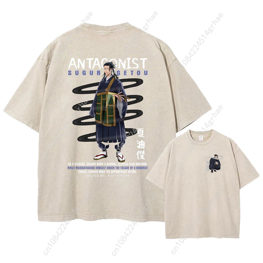 Harajuku Japanese Anime Streetwear Graphic T-Shirt Summer Short Sleeve Cotton Tshirt Jujutsu Kaisen Print Vintage Washed Tshirt