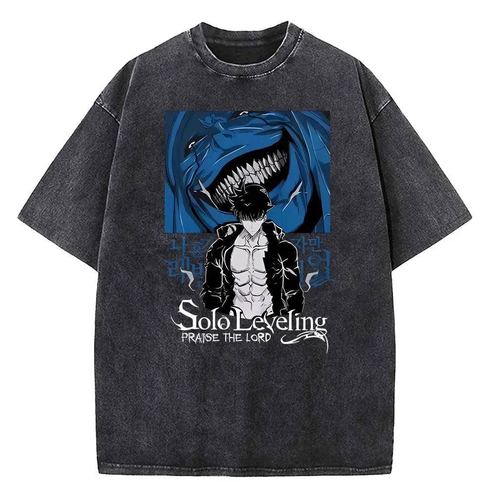 Solo Leveling Washed T-shirt Cotton High Quality teen Pastel Pop Culture Vintage 80s t shirt University Breathable 2000s Digital