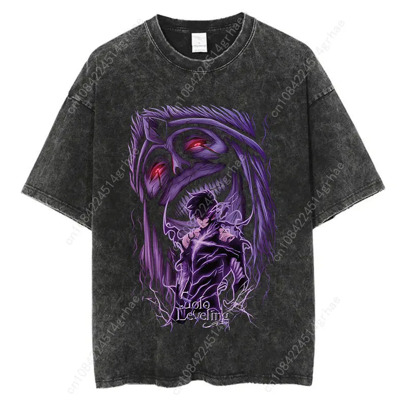 Japanese Anime Solo Leveling Print Vintage Washed Tshirt Harajuku Streetwear Graphic T-Shirt Summer Short Sleeve Cotton Tshirt