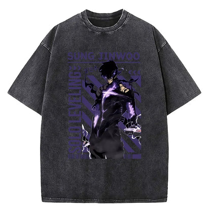 Solo Leveling Washed T-shirt Cotton High Quality teen Pastel Pop Culture Vintage 80s t shirt University Breathable 2000s Digital