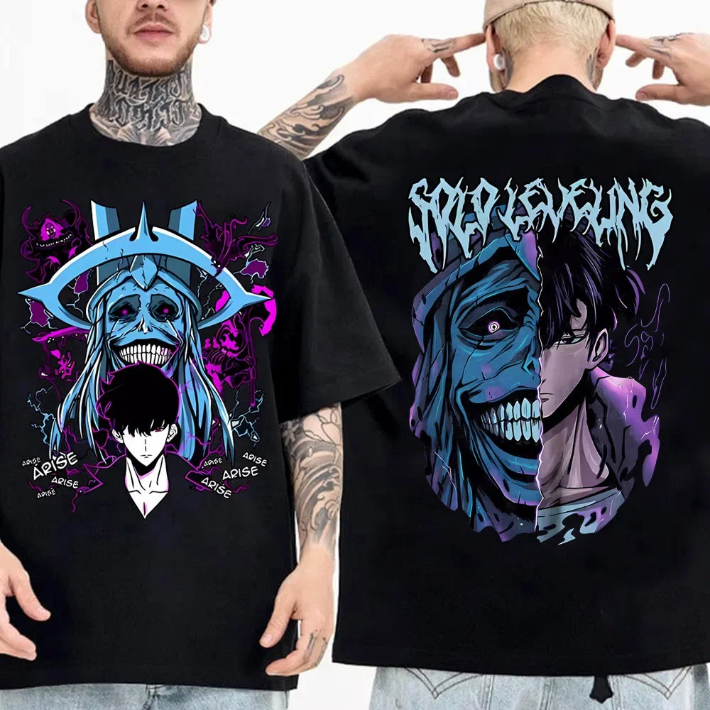 Japanese Anime Solo Leveling T Shirt Men Sung Jinwoo Cartoon Graphic Tees Harajuku Short Sleeve High Quality Cotton T-shirt