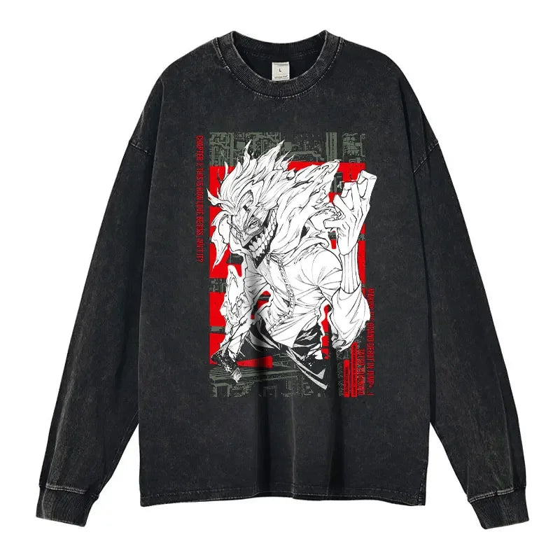 Anime Dan Da Dan Sweater Vintage Washed Dandadan Long Sleeve T Shirts Oversized Ayase Momo Sweatshirts Pullover Men 100% Cotton