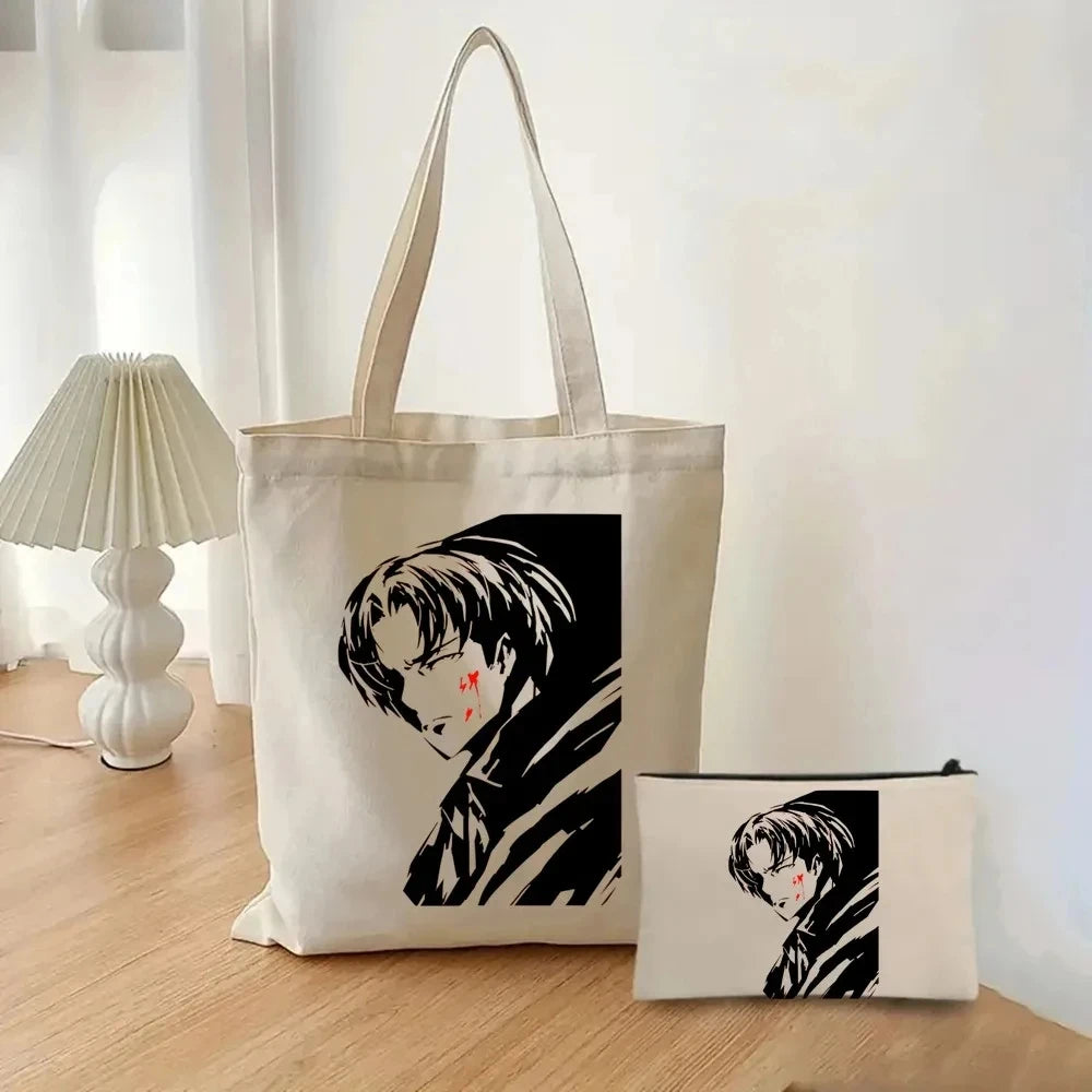 2pcs/set Attack on Titan Fashion Ladies Handbag Cosmetic Bag Canvas Shoulder Bag Eco-friendly Large Capacity Travel Shopping Bag