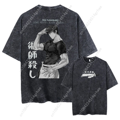 Harajuku Japanese Anime Streetwear Graphic T-Shirt Summer Short Sleeve Cotton Tshirt Jujutsu Kaisen Print Vintage Washed Tshirt