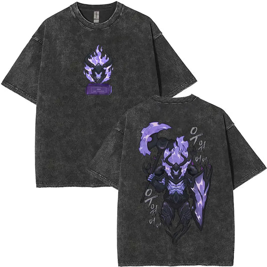 Washed Vintage Anime Solo Leveling Sung Jin Woo Double Sided Print T-shirt Men Manga Fashion Casual T Shirt Men's Oversized Tees