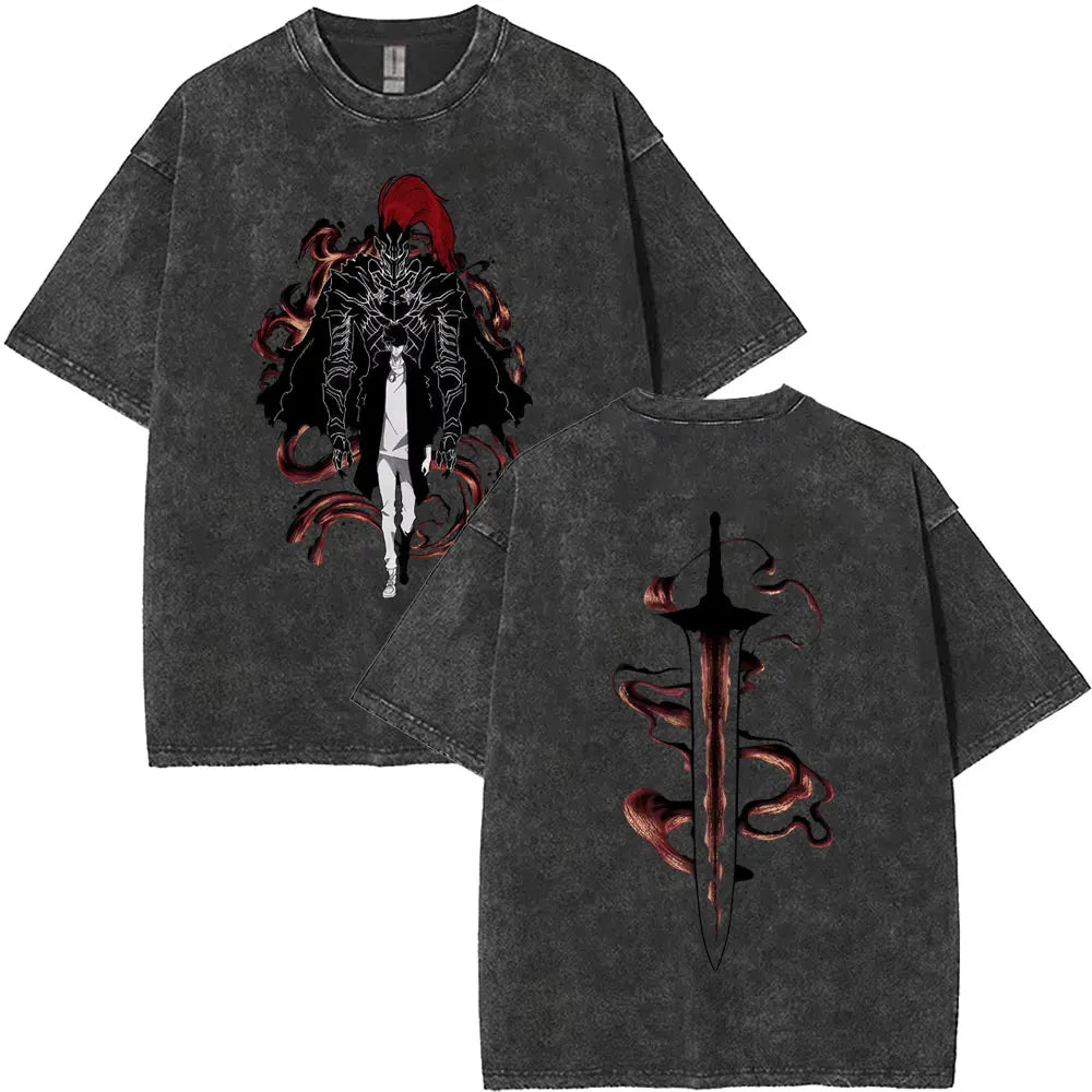Washed Vintage Anime Solo Leveling Sung Jin Woo Double Sided Print T-shirt Men Manga Fashion Casual T Shirt Men's Oversized Tees