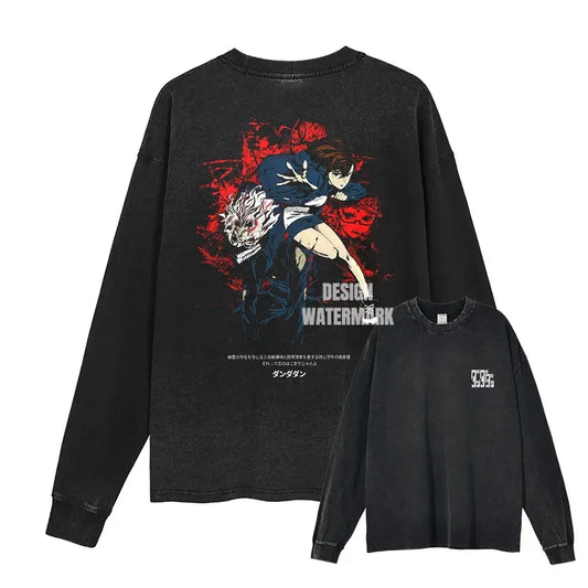 Anime Dan Da Dan Sweater Vintage Washed Dandadan Long Sleeve T Shirts Oversized Ayase Momo Sweatshirts Pullover Men 100% Cotton