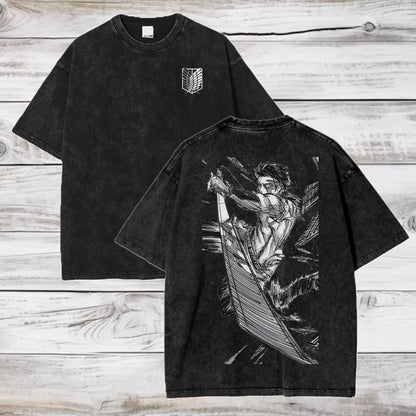 Attack on Titan Anime Acid Washed Oversize T-Shirt Levi Ackerman Anime Tee Gift for Him Graphic Short Sleeve Shirt Unisex Summer