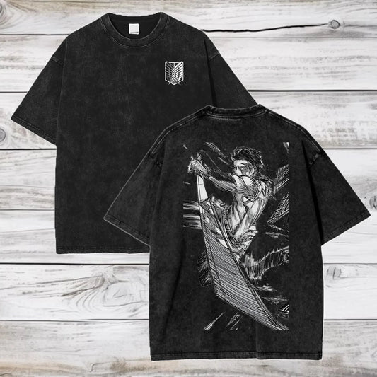 Attack on Titan Anime Acid Washed Oversize T-Shirt Levi Ackerman Anime Tee Gift for Him Graphic Short Sleeve Shirt Unisex Summer