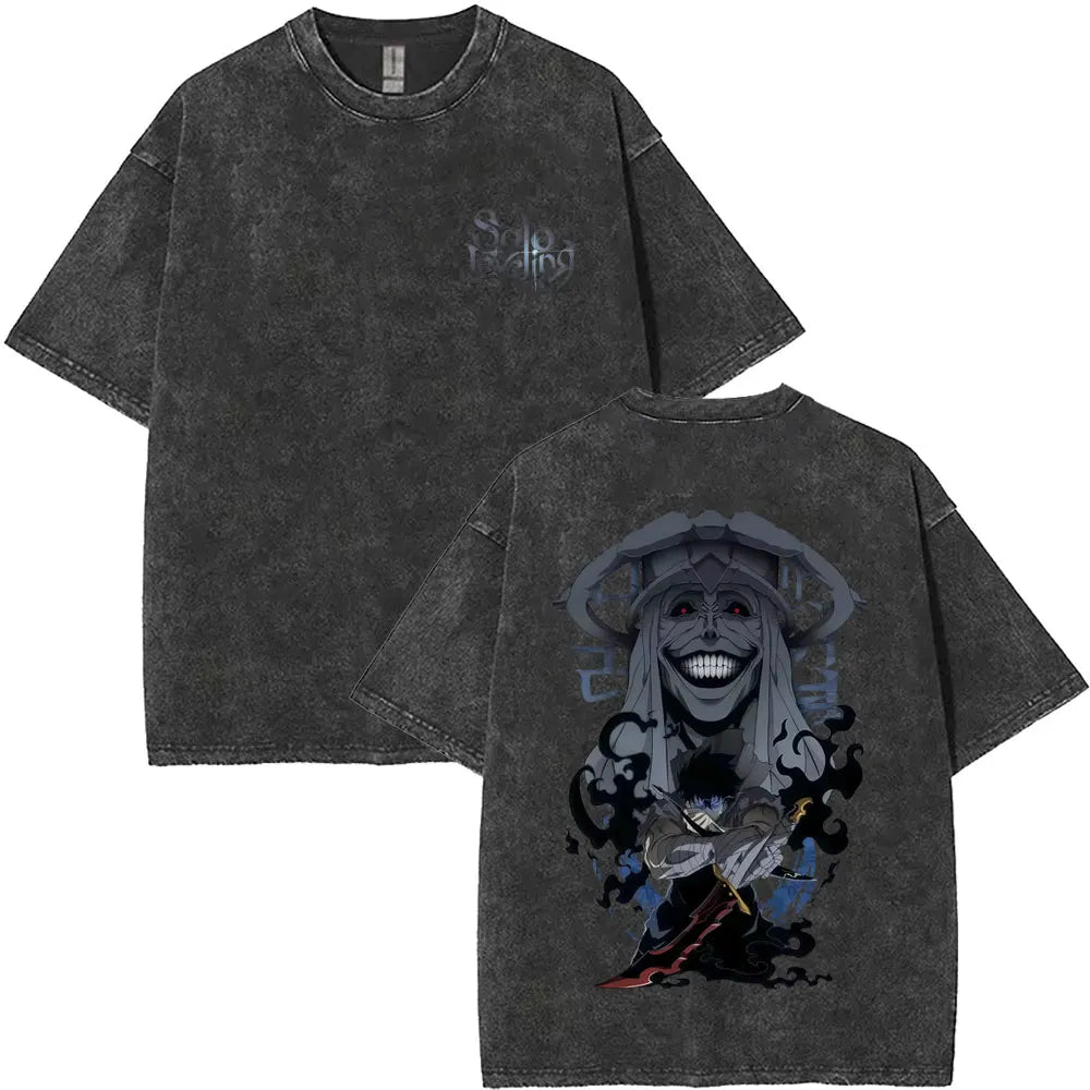 Washed Vintage Anime Solo Leveling Sung Jin Woo Double Sided Print T-shirt Men Manga Fashion Casual T Shirt Men's Oversized Tees