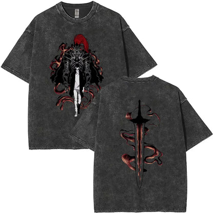 Washed Vintage Anime Solo Leveling Sung Jin Woo Double Sided Print T-shirt Men Manga Fashion Casual T Shirt Men's Oversized Tees