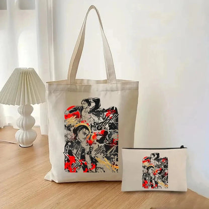 2pcs/set Attack on Titan Fashion Ladies Handbag Cosmetic Bag Canvas Shoulder Bag Eco-friendly Large Capacity Travel Shopping Bag