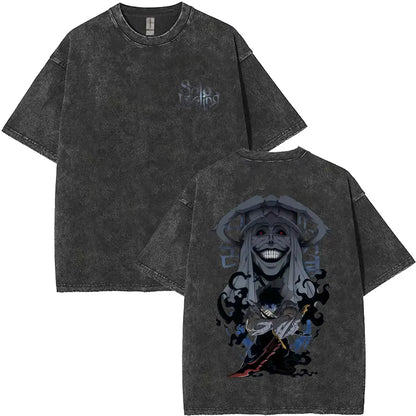 Washed Vintage Anime Solo Leveling Sung Jin Woo Double Sided Print T-shirt Men Manga Fashion Casual T Shirt Men's Oversized Tees