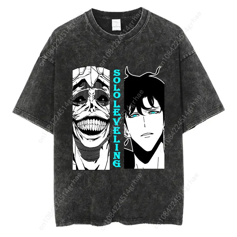Japanese Anime Solo Leveling Print Vintage Washed Tshirt Harajuku Streetwear Graphic T-Shirt Summer Short Sleeve Cotton Tshirt