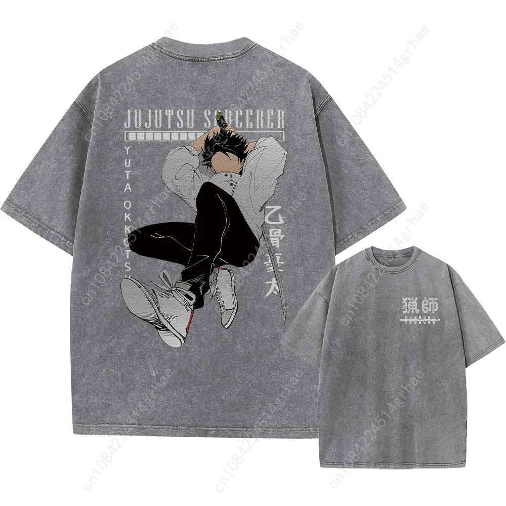 Harajuku Japanese Anime Streetwear Graphic T-Shirt Summer Short Sleeve Cotton Tshirt Jujutsu Kaisen Print Vintage Washed Tshirt