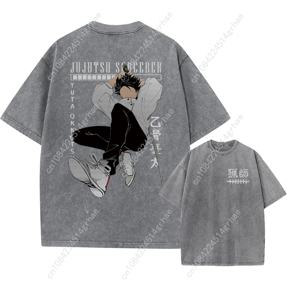 Harajuku Japanese Anime Streetwear Graphic T-Shirt Summer Short Sleeve Cotton Tshirt Jujutsu Kaisen Print Vintage Washed Tshirt
