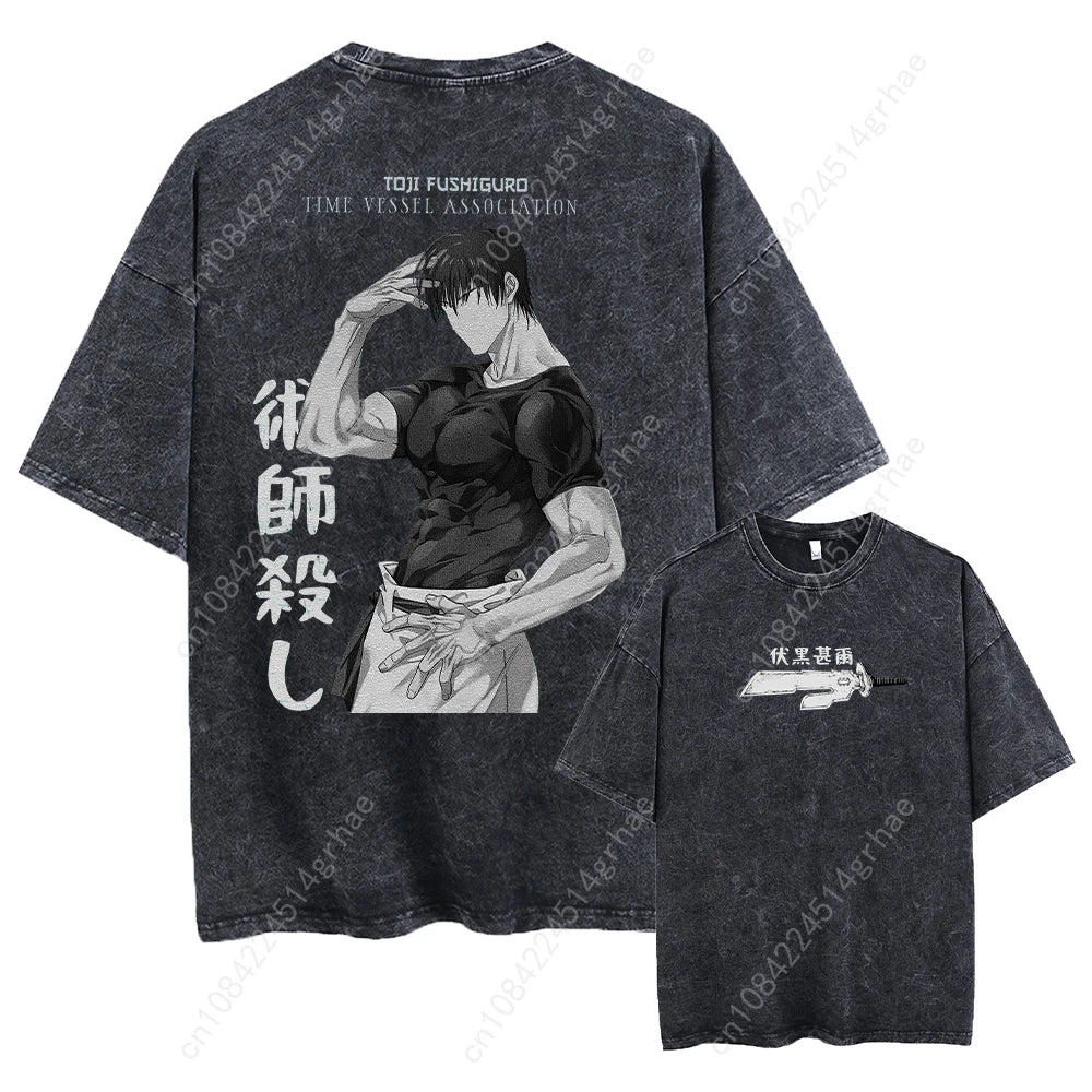 Harajuku Japanese Anime Streetwear Graphic T-Shirt Summer Short Sleeve Cotton Tshirt Jujutsu Kaisen Print Vintage Washed Tshirt