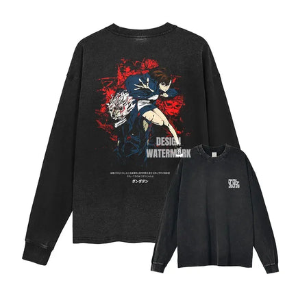 Anime Dan Da Dan Sweater Vintage Washed Dandadan Long Sleeve T Shirts Oversized Ayase Momo Sweatshirts Pullover Men 100% Cotton