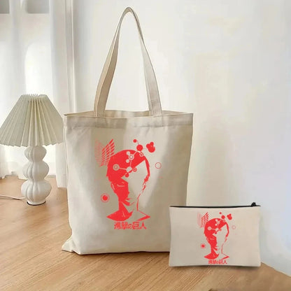 2pcs/set Attack on Titan Fashion Ladies Handbag Cosmetic Bag Canvas Shoulder Bag Eco-friendly Large Capacity Travel Shopping Bag
